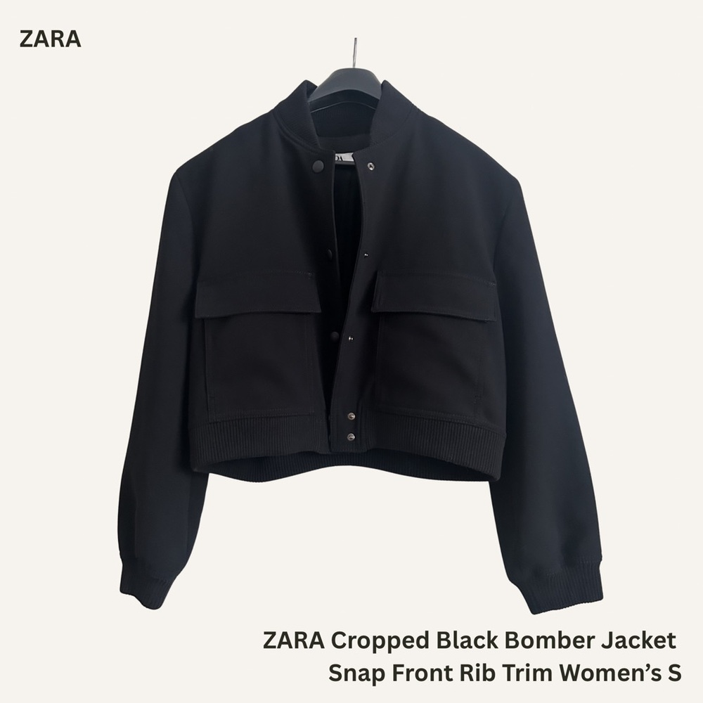 SALE! ZARA Cropped Black Bomber Jacket Snap Front Rib Trim Women’s S